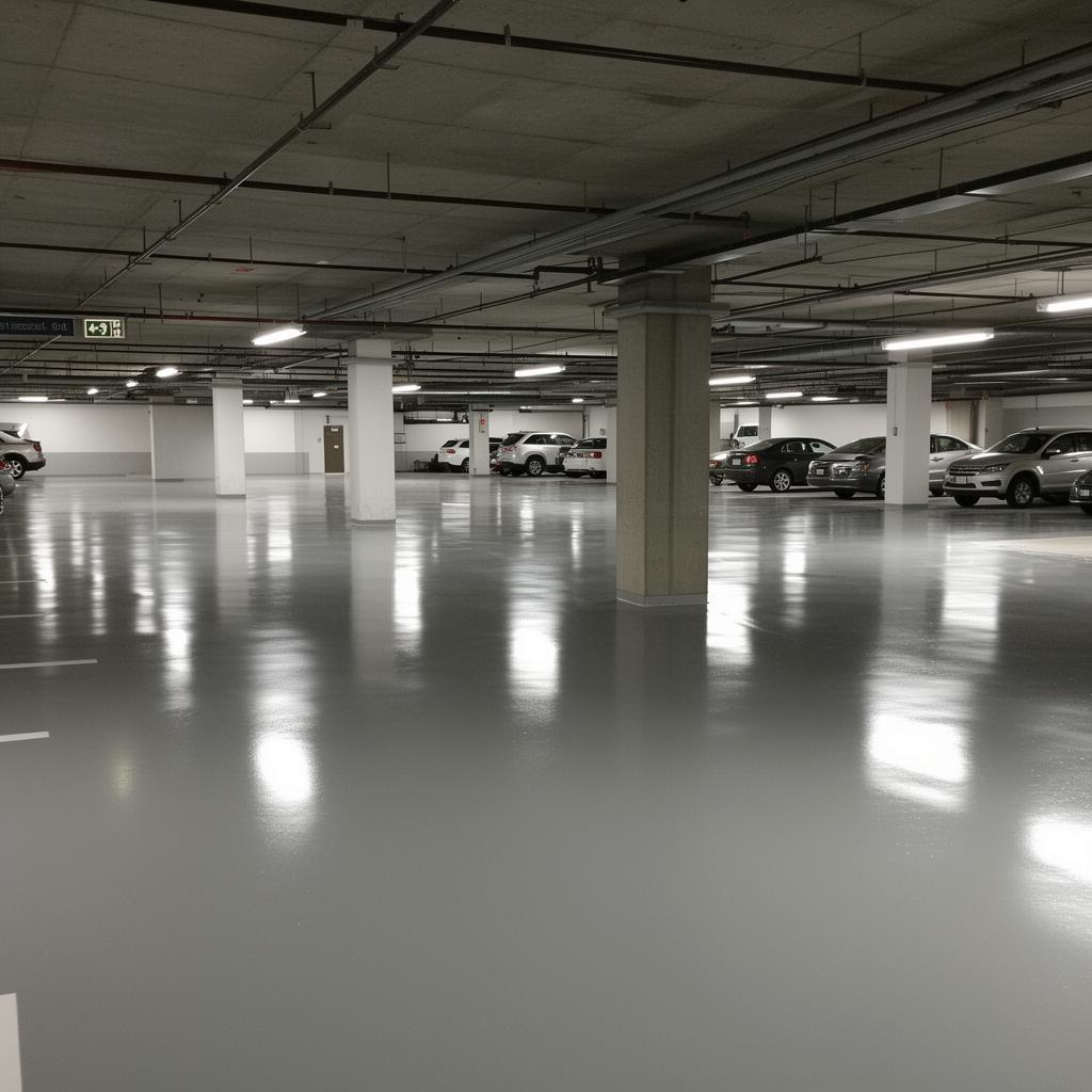 Commercial parking garage with fresh epoxy floor coating