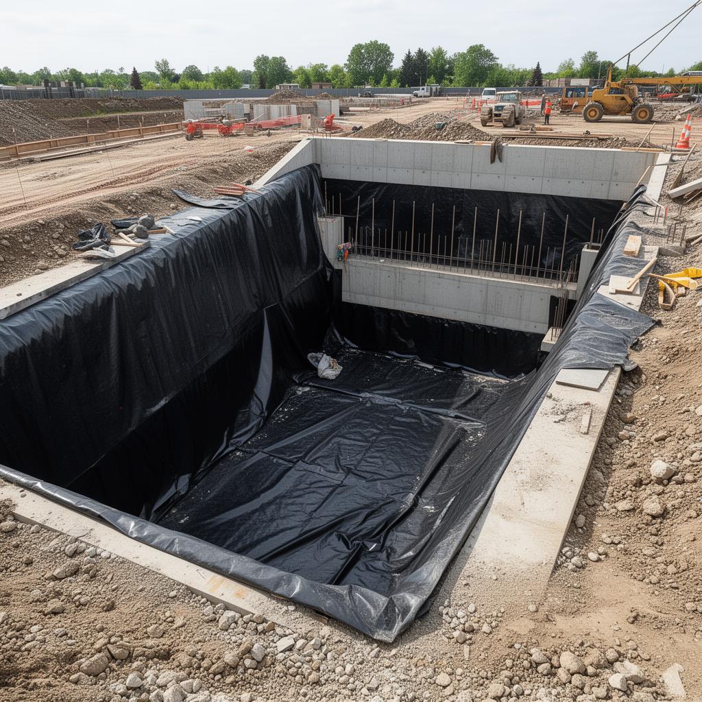 Foundation excavation with waterproofing membrane installation
